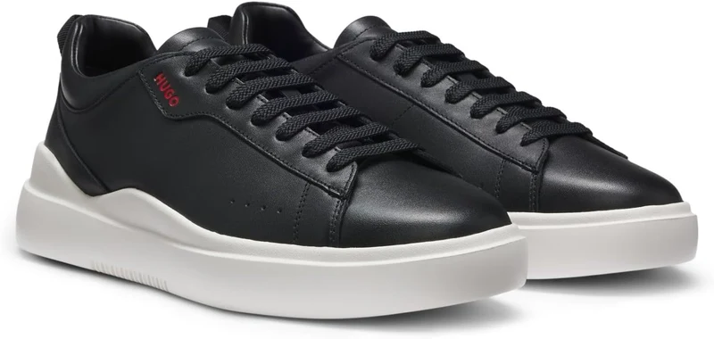 HUGO Herren Blake Tenn Sneakers aus Glattleder mit kontrastfarbenem Branding Grösse 39 EU Schwarz, 3