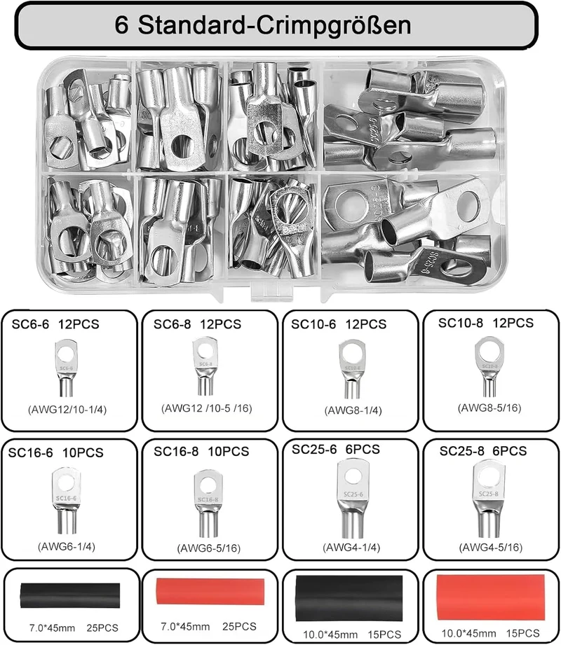 Crimpzange Set 6–50 mm² mit 80 Kabelschuhen und Schrumpfschläuchen, Profi Kabelschuhzange mit Ratsch