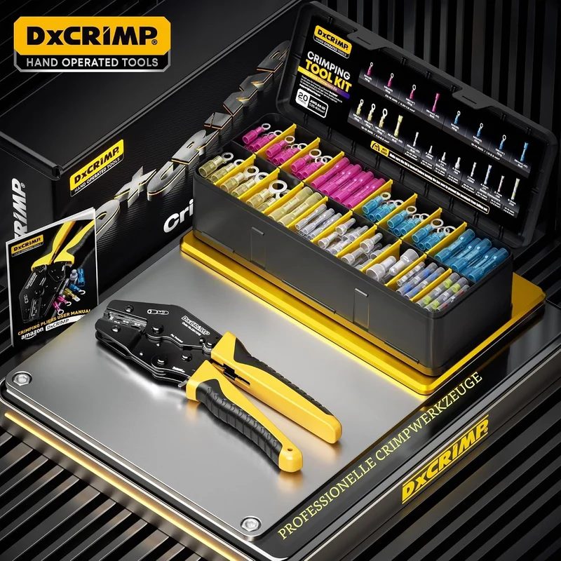 DxCRIMP Crimpzange Set für Schrumpfverbinder - 20 Typen 0,25-6,0mm² Stossverbindern, Lötverbinder &