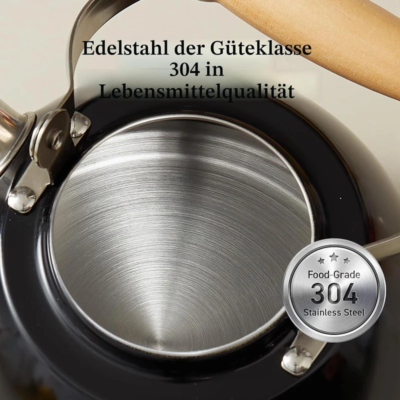 Wasserkessel Induktion, Flötenkessel für alle Herdarten, Edelstahl Teekessel Camping mit Holzgriff,