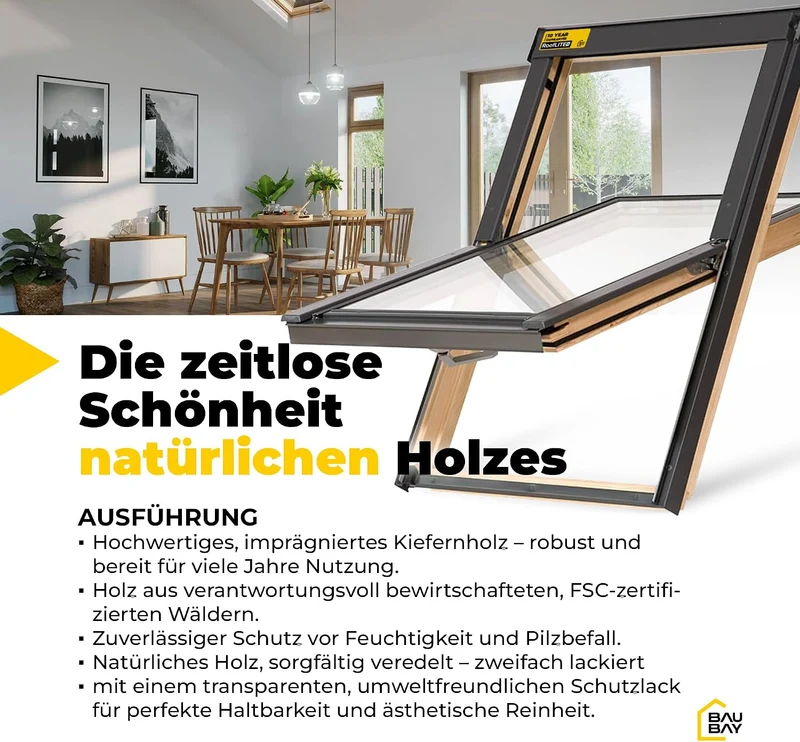 BAUBAY 55x78 cm Dachfenster aus Holz | Fenster mit 3-fach Verglasung | Schrägfenster | inkl. Eindeck