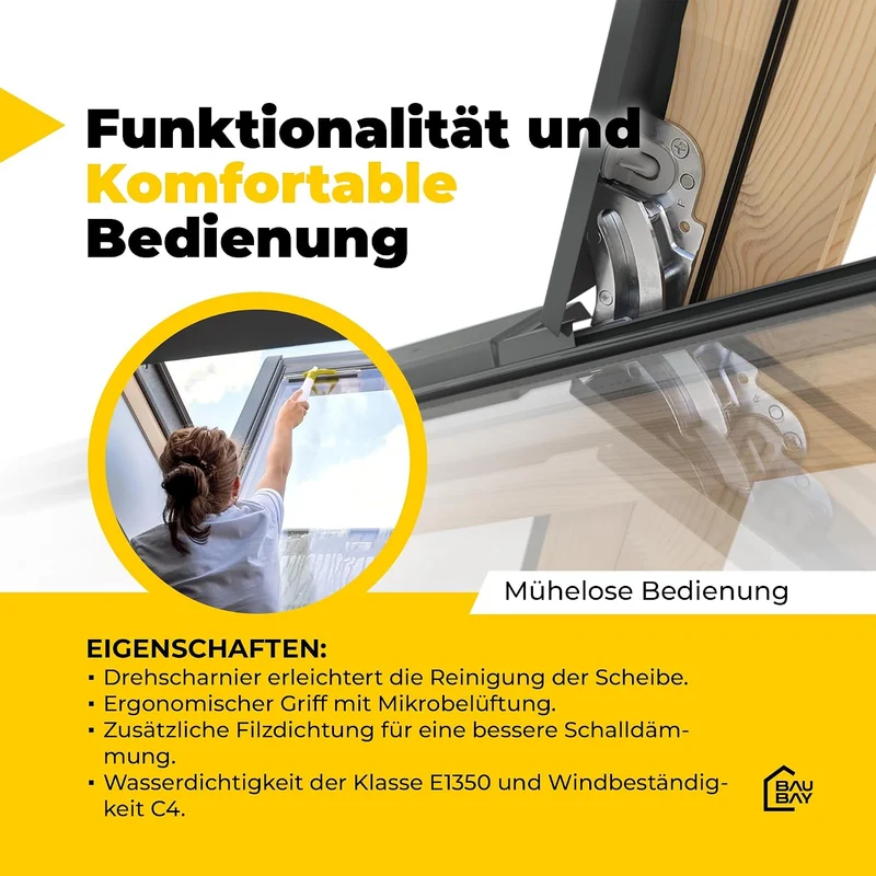 BAUBAY 55x78 cm Dachfenster aus Holz | Fenster mit 3-fach Verglasung | Schrägfenster | inkl. Eindeck