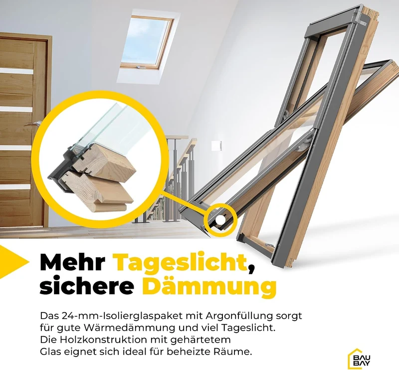 BAUBAY 55x78 cm Dachfenster aus Holz | Fenster mit 3-fach Verglasung | Schrägfenster | inkl. Eindeck