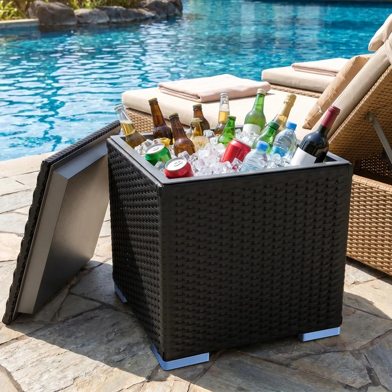 Kühlbox 40L 43x43x43cm – Quadratischer Getränkekühler mit PE Rattan Optik & Doppelwandiger Stahleins