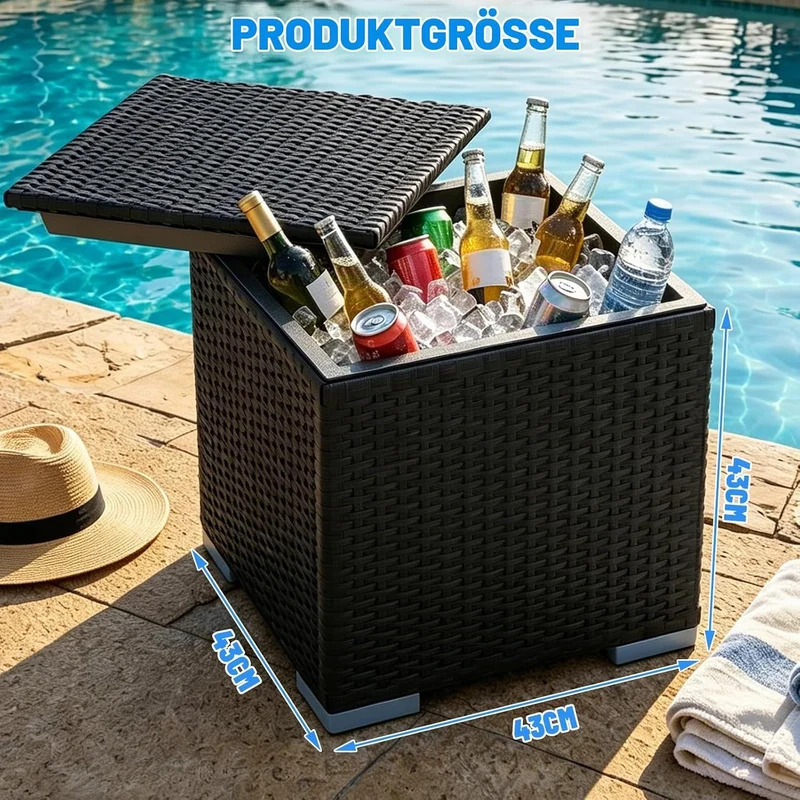 Kühlbox 40L 43x43x43cm – Quadratischer Getränkekühler mit PE Rattan Optik & Doppelwandiger Stahleins