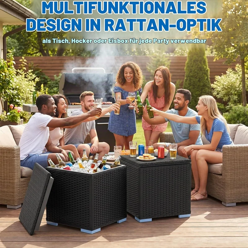 Kühlbox 40L 43x43x43cm – Quadratischer Getränkekühler mit PE Rattan Optik & Doppelwandiger Stahleins