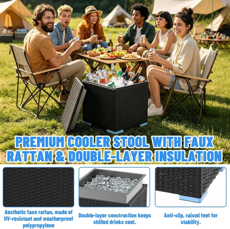 Kühlbox 40L 43x43x43cm – Quadratischer Getränkekühler mit PE Rattan Optik & Doppelwandiger Stahleins