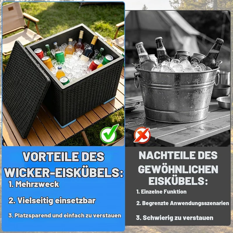 Kühlbox 40L 43x43x43cm – Quadratischer Getränkekühler mit PE Rattan Optik & Doppelwandiger Stahleins
