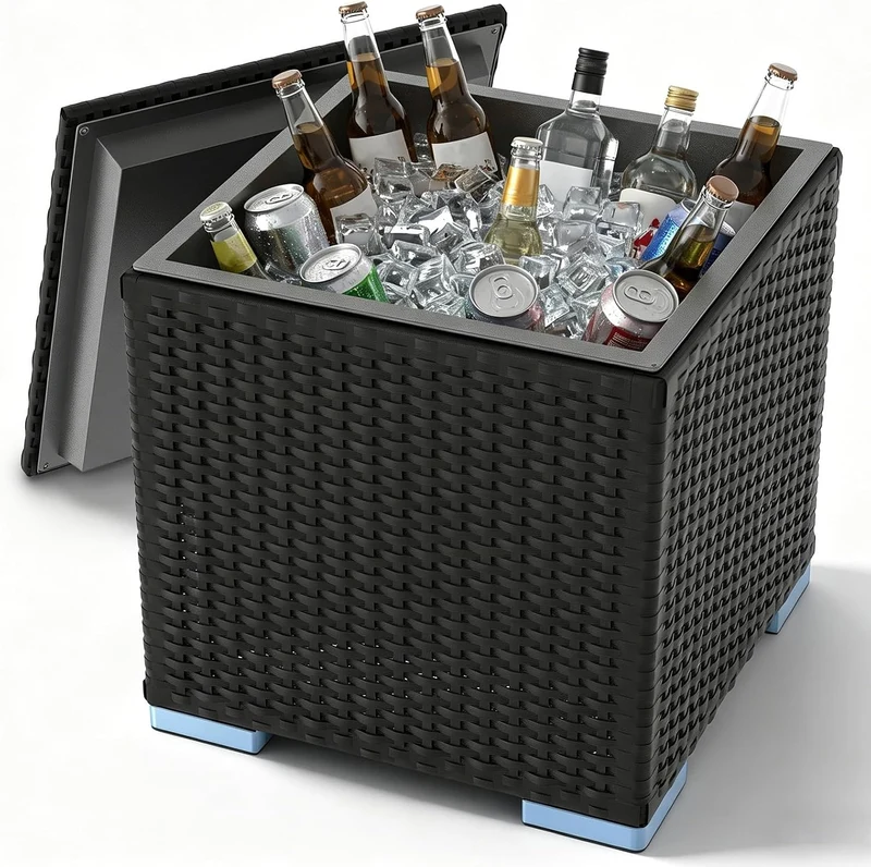 Kühlbox 40L 43x43x43cm – Quadratischer Getränkekühler mit PE Rattan Optik & Doppelwandiger Stahleins