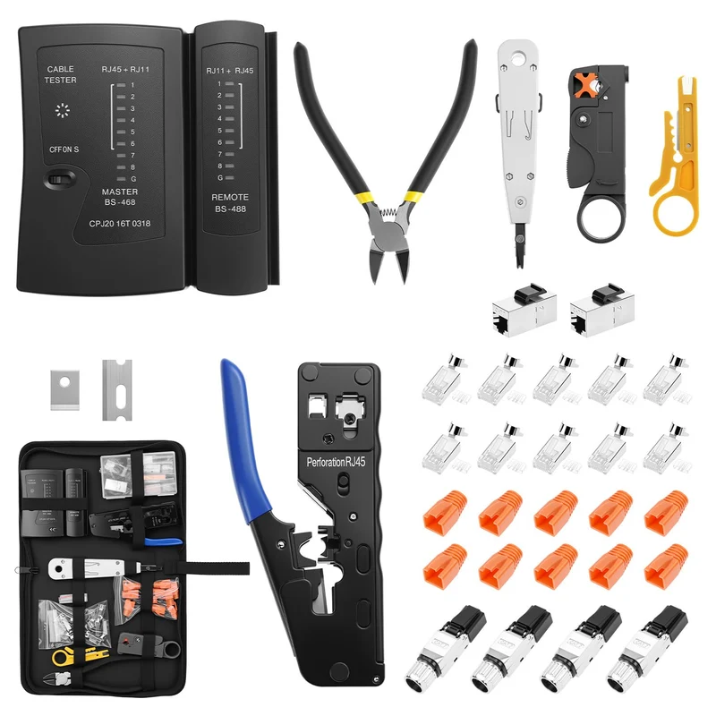 QWORK® Netzwerk Werkzeug Set – Pass Through RJ45 Crimpzange für Cat7, Cat6, Cat5, inkl. LAN Kabel Te