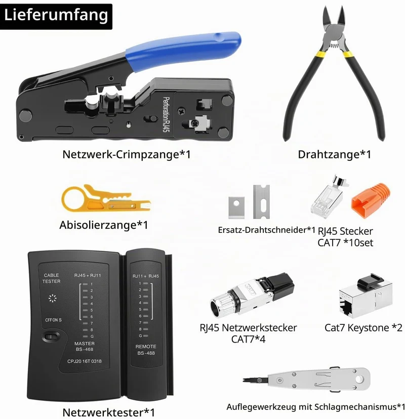 QWORK® Netzwerk Werkzeug Set – Pass Through RJ45 Crimpzange für Cat7, Cat6, Cat5, inkl. LAN Kabel Te