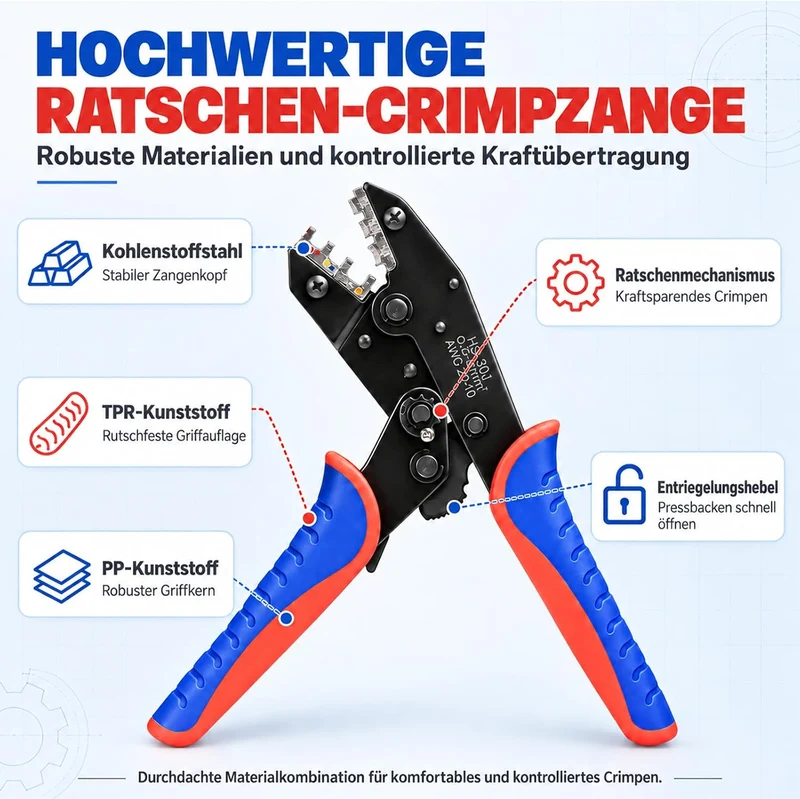 Crimpzange Set 6-teilig, Ratschen-Crimpzange mit 6 Wechselbacken