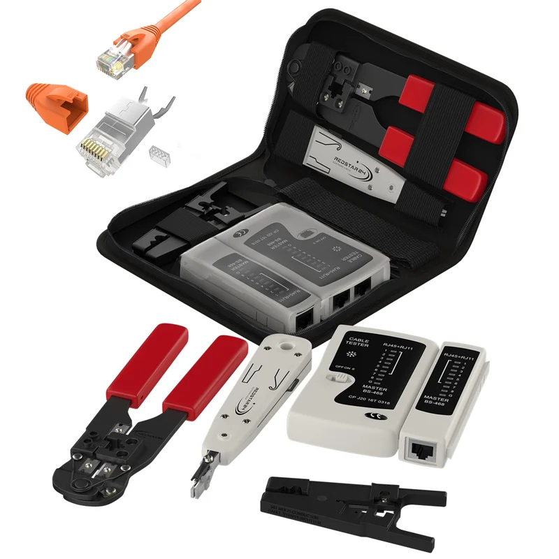 RedStar24 Netzwerk-Werkzeugset 4-in-1 mit 10x CAT 7 RJ45 Stecker – RJ45 Crimpzange, LSA Auflegewerkz