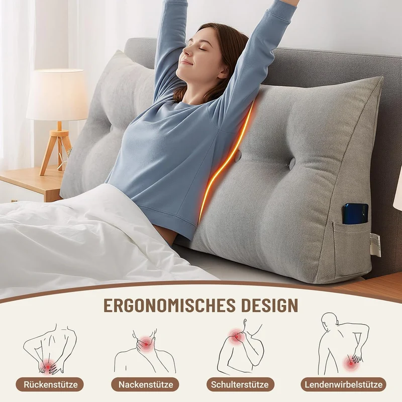 Rückenkissen Abnehmbar Dreieckiges Lendenkissen für Bett Sofa Grau 60*50*20cm, Grau 60*50*20cm