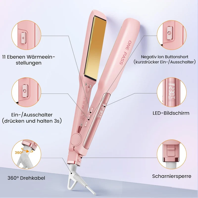 Faszin Professionelle Glätteisen, 42mm Breite Titanplatten mit Negativer Ionenfunktion, 30s Schnelle