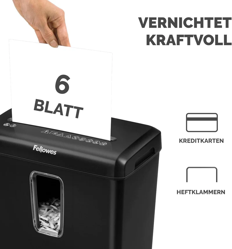 Fellowes Aktenvernichter 6 Blatt Partikelschnitt (P4), TÜV SÜD + GS zertifizierter Papierschredder Z