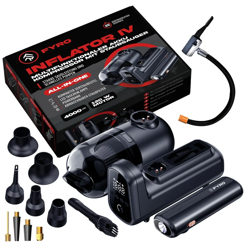 FYRO elektrische Luftpumpe, 4000 mAh, 10 Bar Kompressor für Fahrräder, Motorräder, Autos, Luftmatraz
