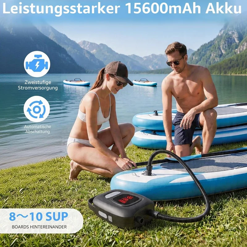 Elektrische SUP Pumpe 20 PSI – 2-Stufen Dual-Modus 550/390 L/min mit 6×2500mAh Akku, LED-SOS & Auto-