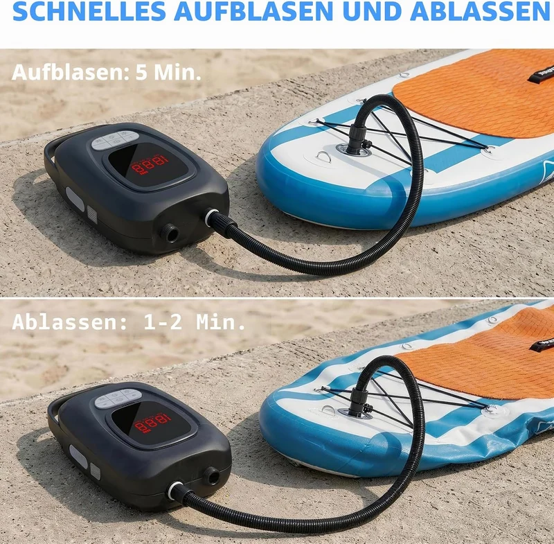 Elektrische SUP Pumpe 20 PSI – 2-Stufen Dual-Modus 550/390 L/min mit 6×2500mAh Akku, LED-SOS & Auto-