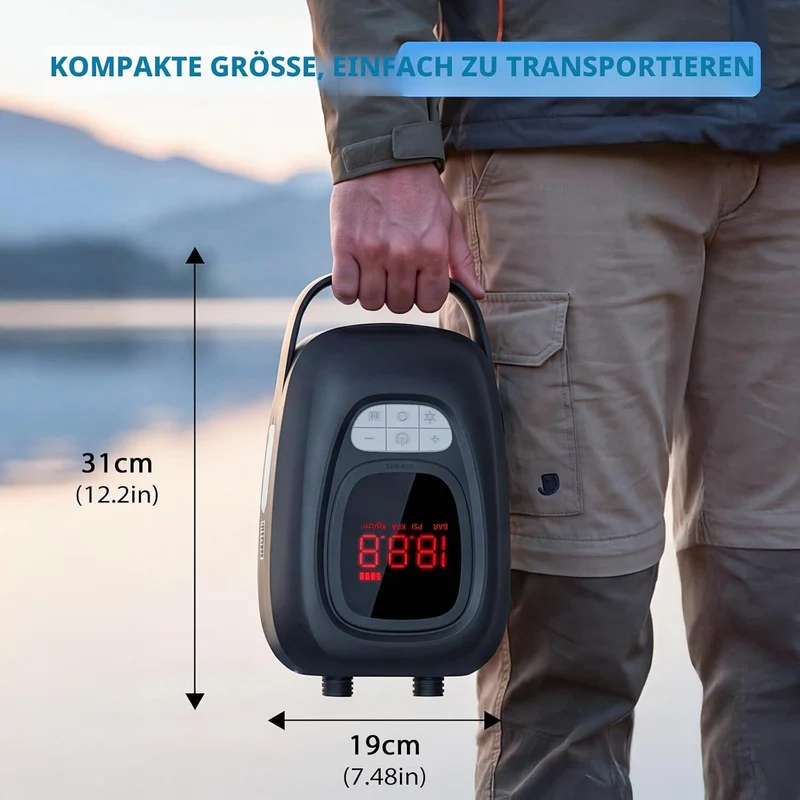 Elektrische SUP Pumpe 20 PSI – 2-Stufen Dual-Modus 550/390 L/min mit 6×2500mAh Akku, LED-SOS & Auto-