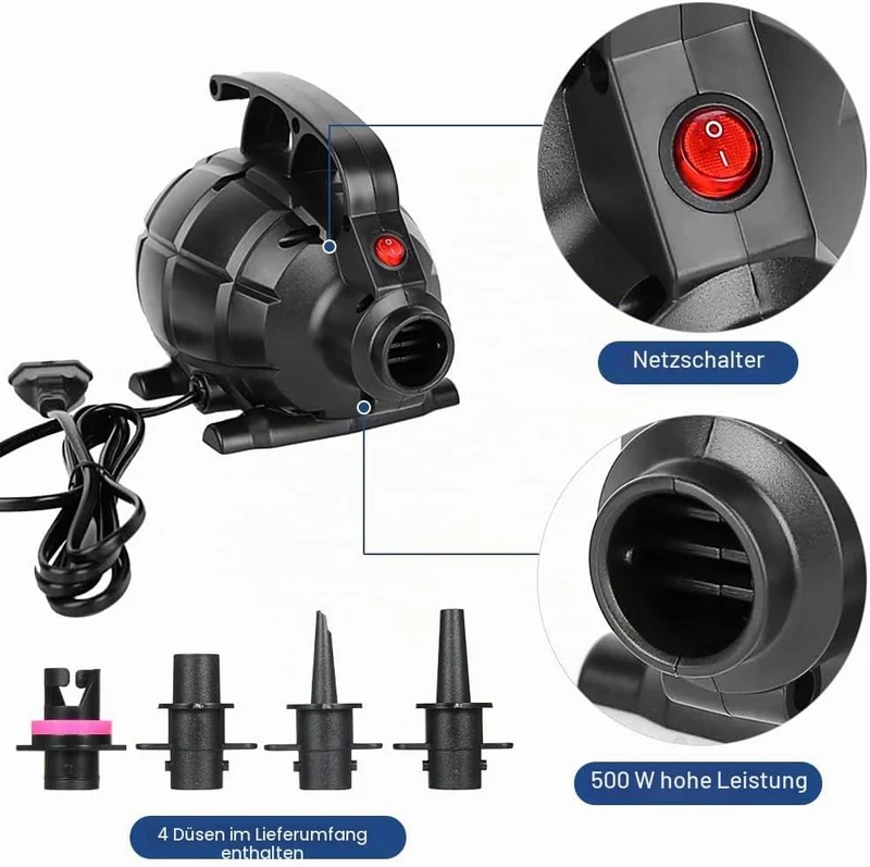 Electric Air Pump,Irfora Tragbare 500W elektrische Pumpe Luftmatratze Pumpe Luftbett Pool Toy Raft B