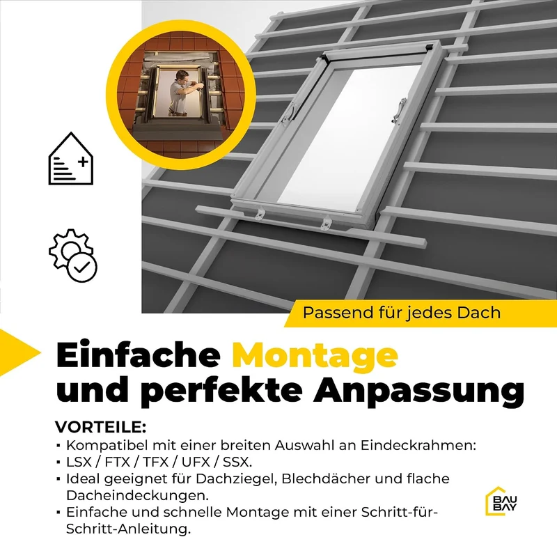 BAUBAY 55x78 cm Dachfenster aus Holz | Fenster mit 3-fach Verglasung | inkl. Eindeckrahmen für Dachz