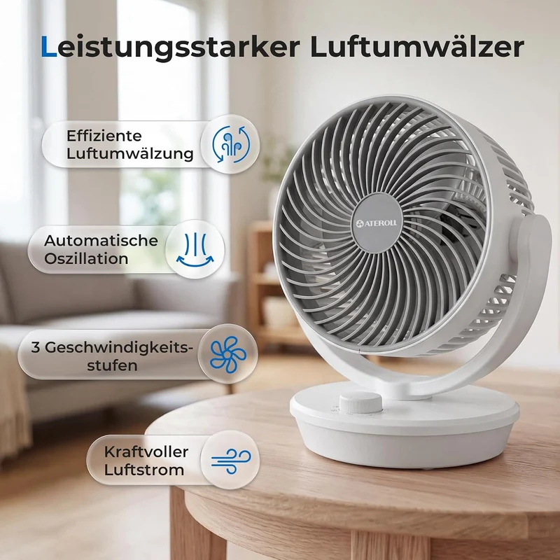 Aeroll Ventilator Leise, Tischventilator, 3D Turbo-Luftzirkulator mit 3 Geschwindigkeitsstufen, 130°
