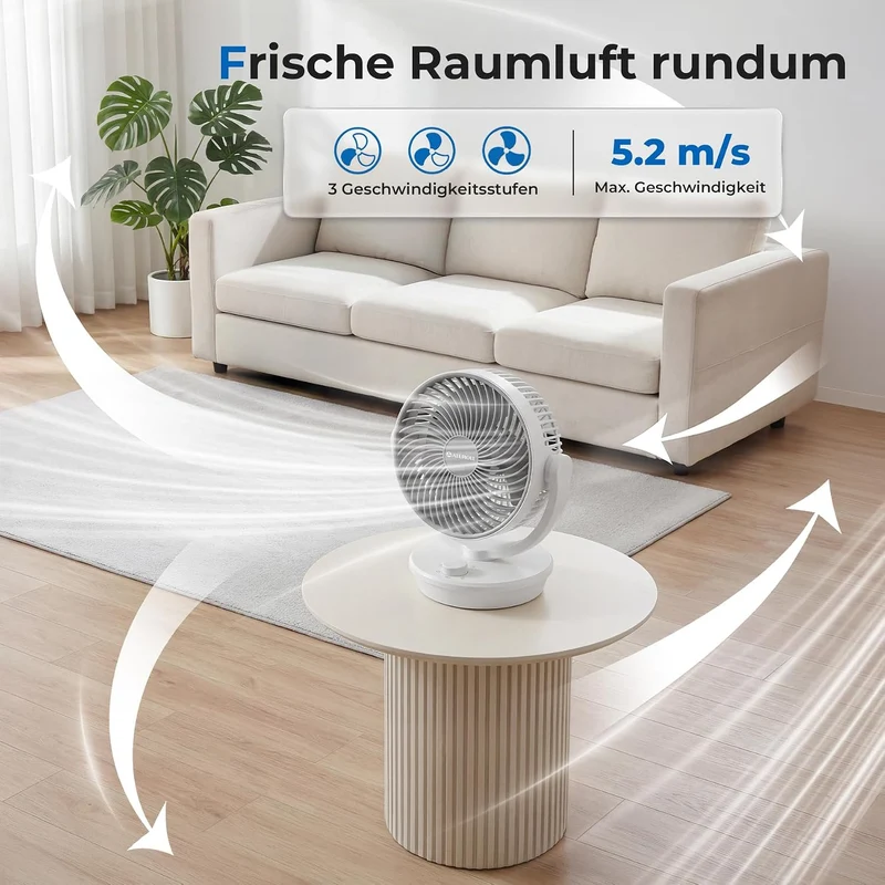 Aeroll Ventilator Leise, Tischventilator, 3D Turbo-Luftzirkulator mit 3 Geschwindigkeitsstufen, 130°