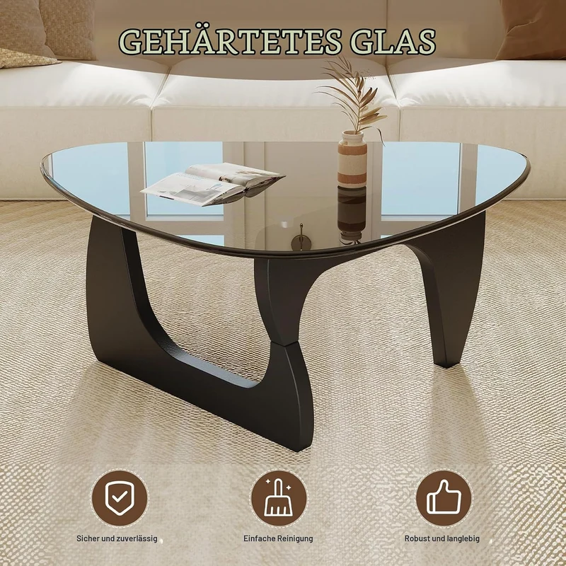 Verbesserte Version Moderner Couchtisch Dreieckig aus Sicherheitsglas, Ecktisch mit Holzfuss, Skandi