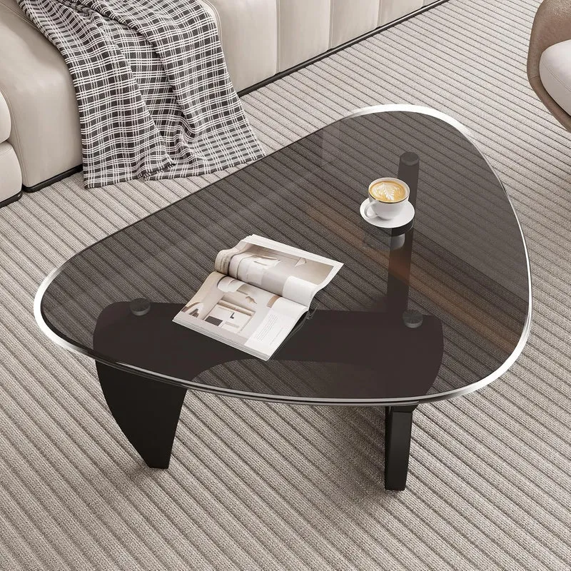 Verbesserte Version Moderner Couchtisch Dreieckig aus Sicherheitsglas, Ecktisch mit Holzfuss, Skandi