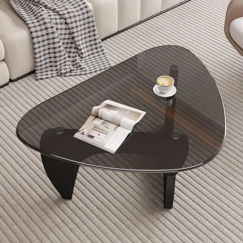 Verbesserte Version Moderner Couchtisch Dreieckig aus Sicherheitsglas, Ecktisch mit Holzfuss, Skandi