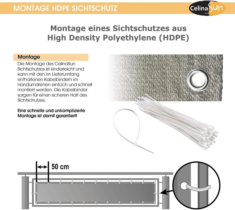 CelinaSun Sichtschutz Balkon 0,9 x 5 m Streifen hellgrau weiss HDPE Zaunblende mit Kabelbinder atmun