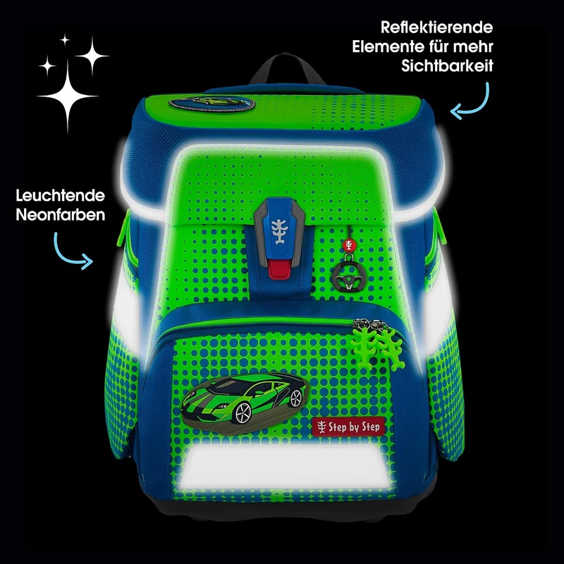 Step by Step Schulranzen-Set Space NEON Race Car Chuck, 5-teilig, grün, ergonomischer Tornister mit