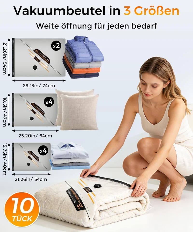 BOYUNSHI Vakuumbeutel für Kleidung Reise mit Kabelloser Vakuumpumpe, 10 Stück (4x 40x54cm, 4x 47x64c