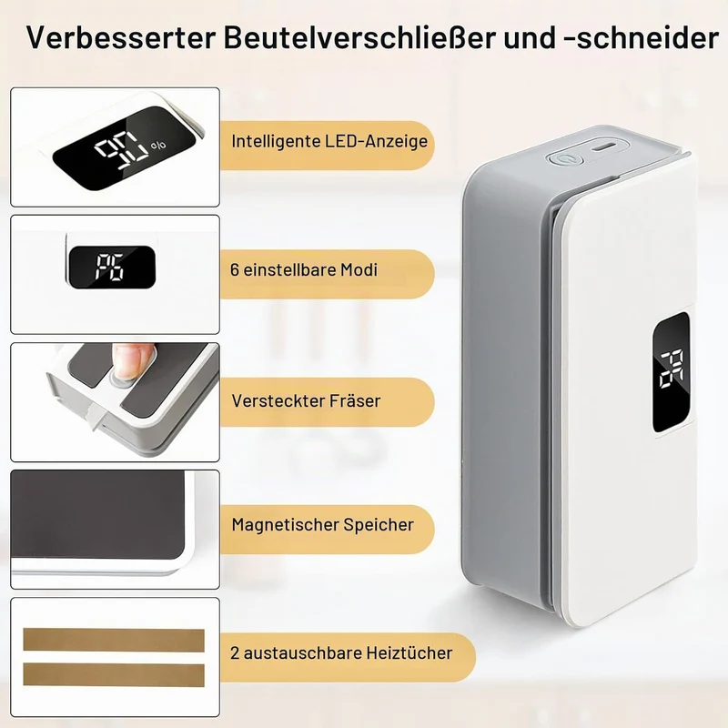 Mini Folienschweissgerät 2-in-1 wiederaufladbar mit Schneidfunktion & Magnet, Weiss