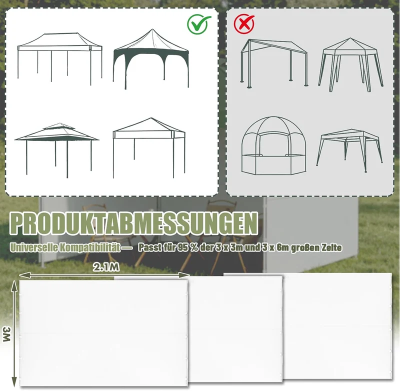 3er-Set Seitenwände für Pavillon 3x3m – 3 Stück Seitenteile aus 210D Oxford-Gewebe, wasserdicht & UV