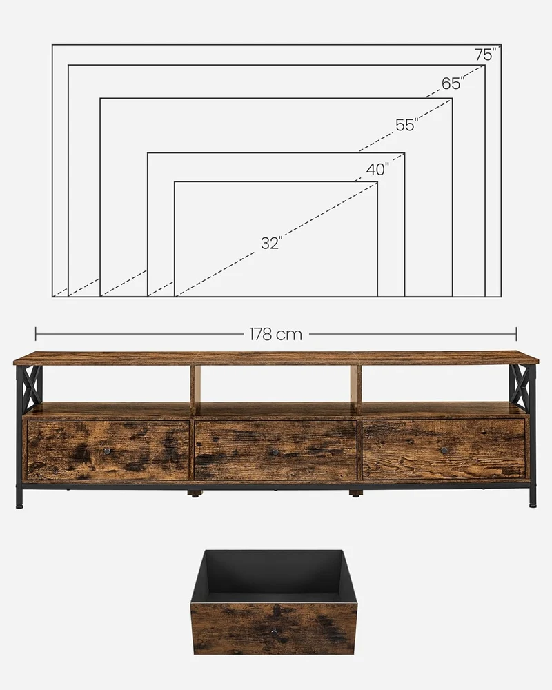VASAGLE TV-Schrank, Lowboard für Fernseher bis zu 65 Zoll Stoffschubladen 178 x 40 x 50 cm, Stoffsch