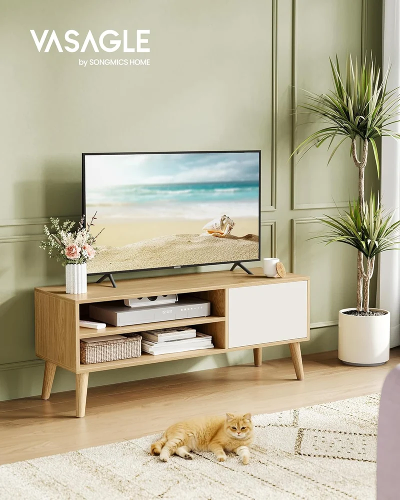 VASAGLE TV-Schrank, Lowboard, für Fernseher bis zu 55 Zoll, 120 cm lang Natureichenfarben + Cremewei