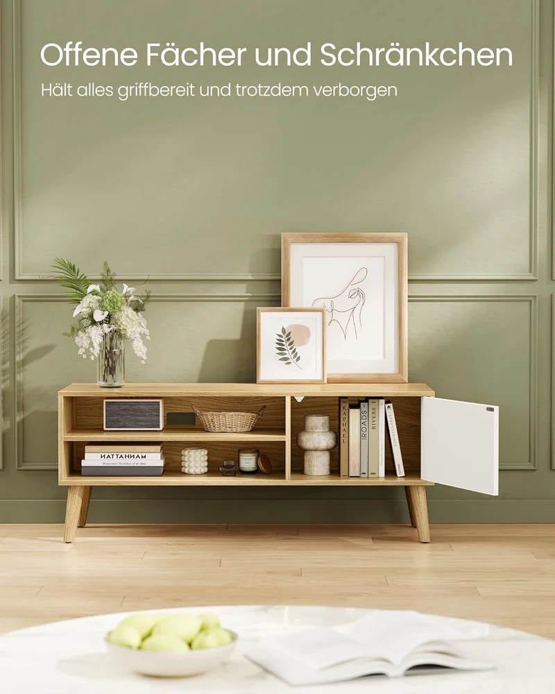 VASAGLE TV-Schrank, Lowboard, für Fernseher bis zu 55 Zoll, 120 cm lang Natureichenfarben + Cremewei