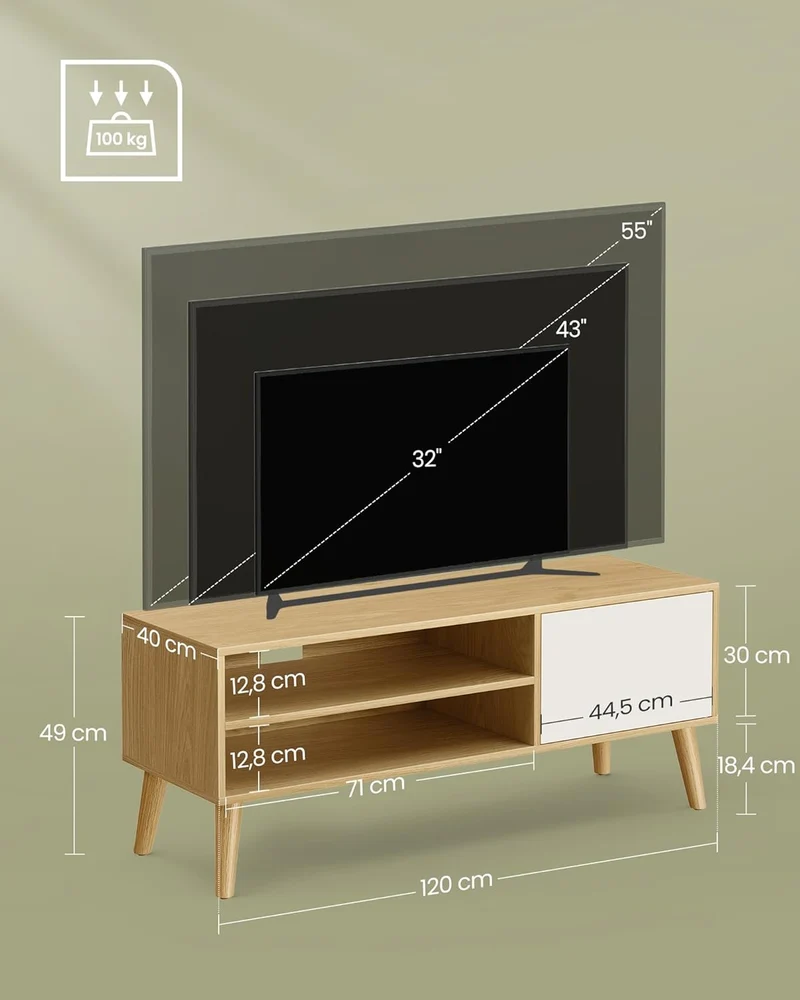 VASAGLE TV-Schrank, Lowboard, für Fernseher bis zu 55 Zoll, 120 cm lang Natureichenfarben + Cremewei