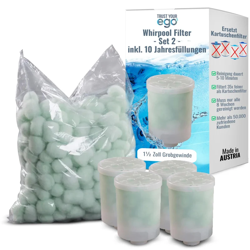 EGO3 Whirlpool Filter Set 2 1½ Zoll Grobgewinde + 10 Jahresfüllungen – ersetzt Kartuschenfilter & Wh