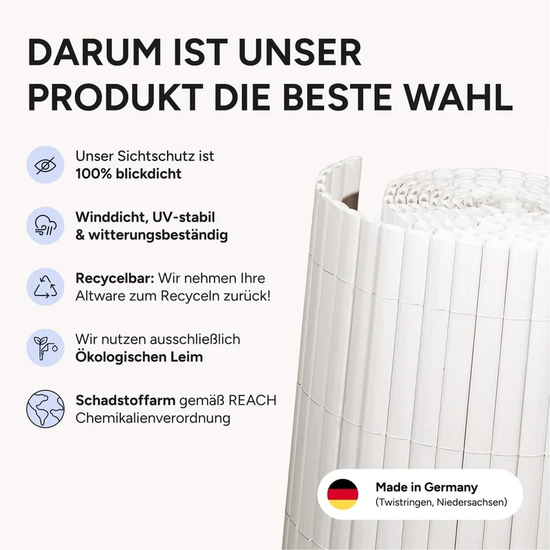 Videx PVC Sichtschutzmatte 100 x 300cm | Premium-Qualität inkl. Befestigungsschlaufen und U-Abdeckpr