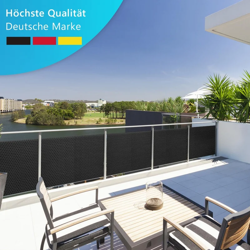 NYVI Polyrattan Balkon Sichtschutz Privafence 90x300 cm Schwarz - Balkonbespannung mit Metallösen -