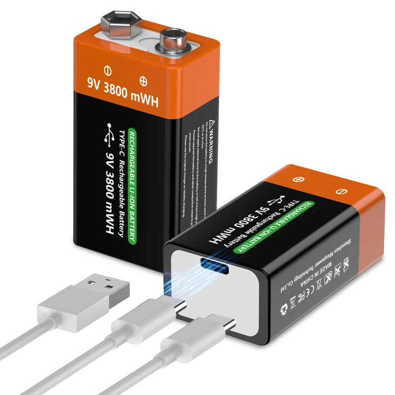9V blockbatterie Akku (2Stück) – Effizienter Wiederaufladbar 9V Li-Ionen Akku, mit 3800 mWh Ultra-Ho