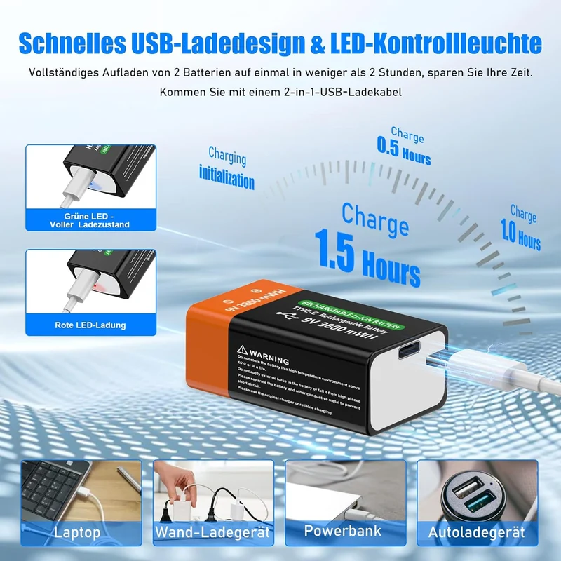 9V blockbatterie Akku (2Stück) – Effizienter Wiederaufladbar 9V Li-Ionen Akku, mit 3800 mWh Ultra-Ho