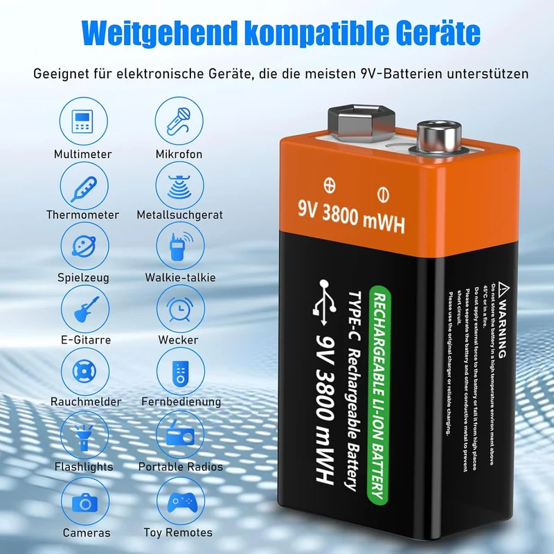 9V blockbatterie Akku (2Stück) – Effizienter Wiederaufladbar 9V Li-Ionen Akku, mit 3800 mWh Ultra-Ho
