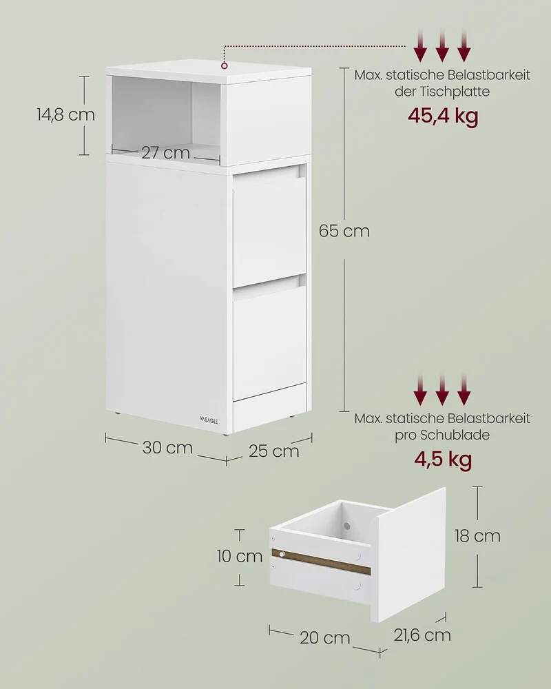 VASAGLE Nachttisch, schmal, Beistelltisch mit 2 Schubladen, offenes Fach nach Links oder rechts flex