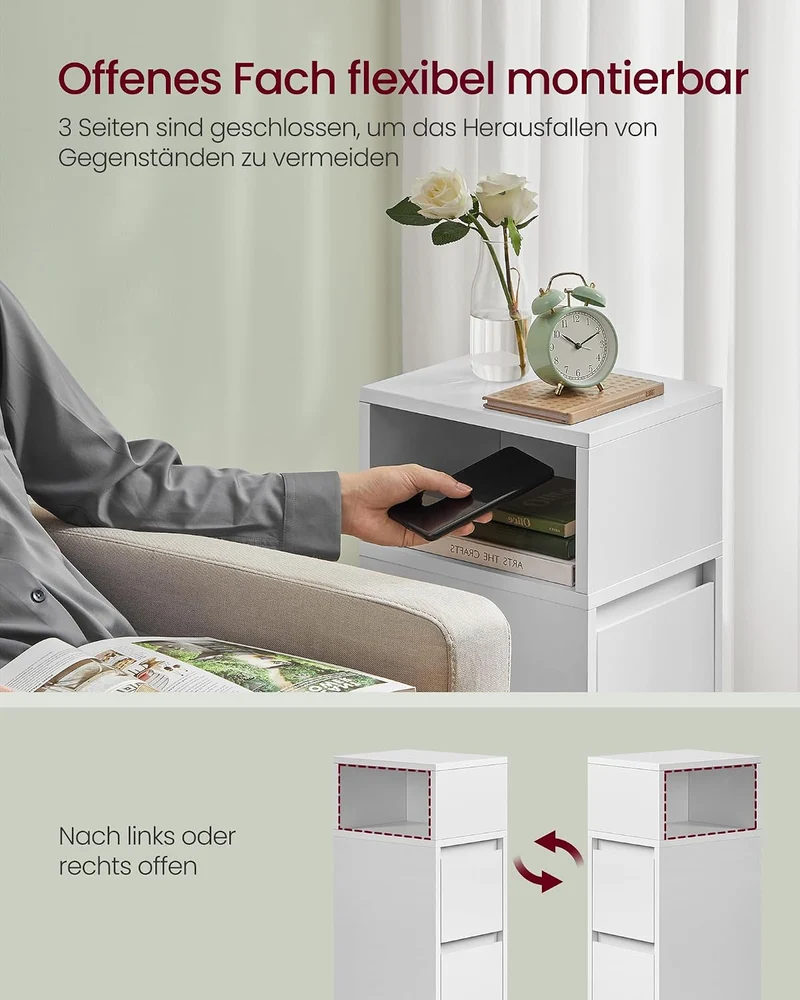 VASAGLE Nachttisch, schmal, Beistelltisch mit 2 Schubladen, offenes Fach nach Links oder rechts flex