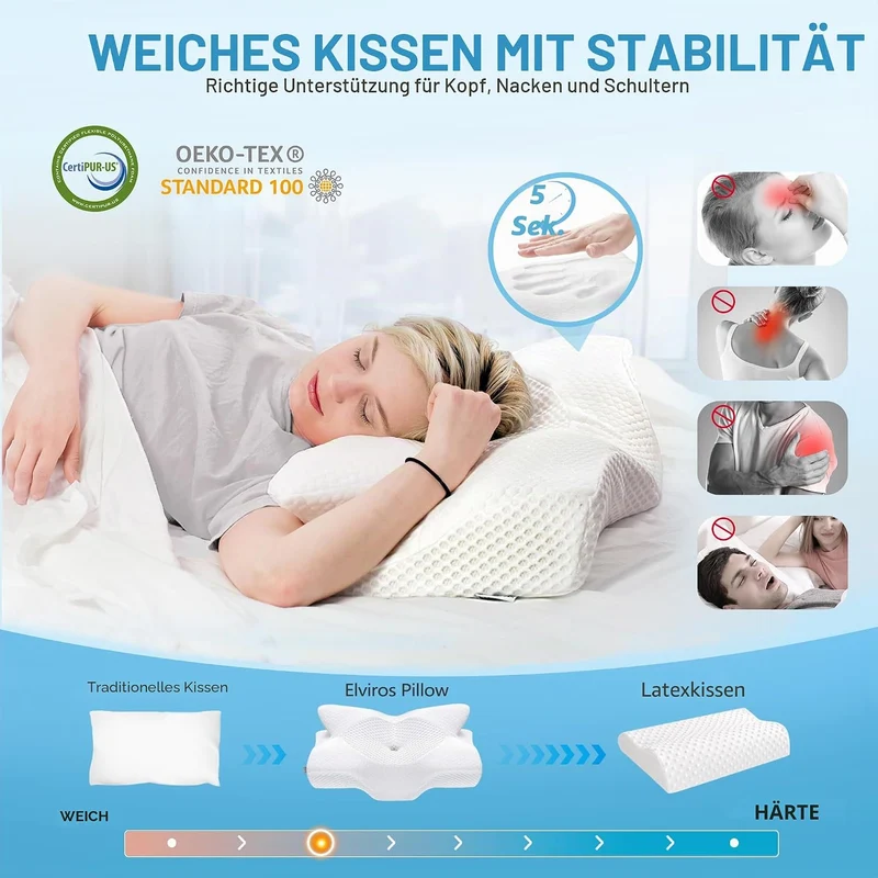 Elviros Kissen aus Memory Foam, Seitenschläferkissen Nackenstützkissen Kopfkissen Ergonomisches Schl