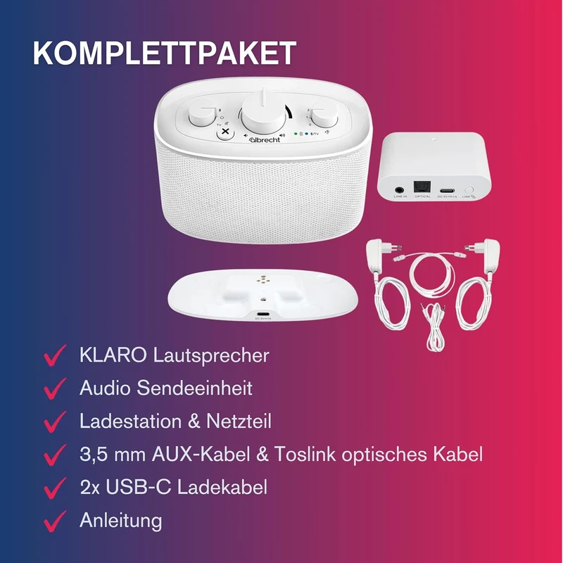 Albrecht KLARO TV Sprachverstärker – kabelloser TV‑Lautsprecher für zuhause mit Clear Voice Sprachop